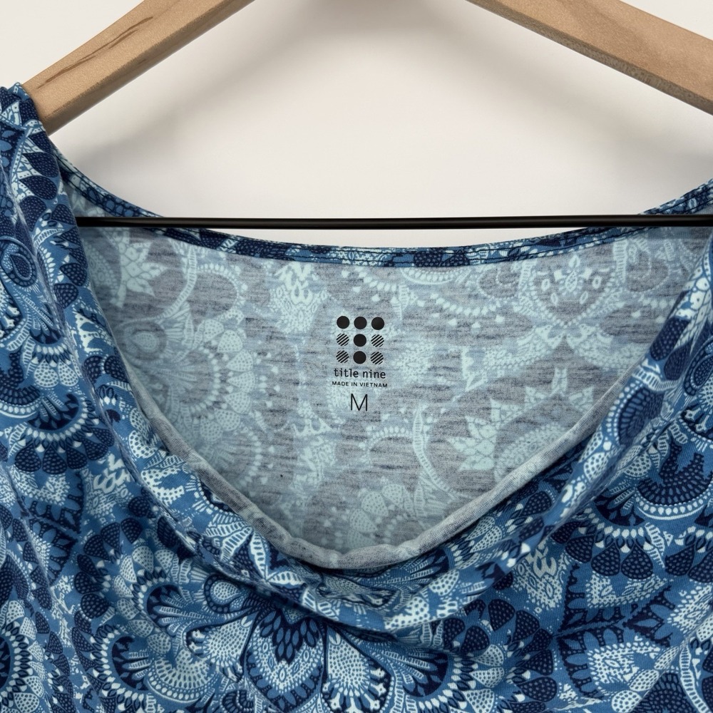 Title Nine Sz M Sleeveless Breeze Blue Dress Cowl Neck Floral Stretch Jersey - Picture 3 of 6